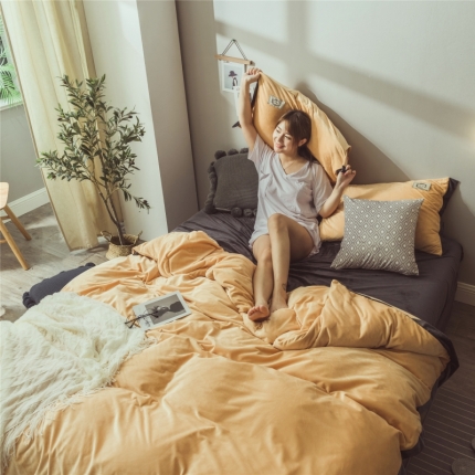 91家纺网 家纺一手货源 找家纺 菊上家纺 2019-秋冬保暖水晶绒牛奶绒纯色风四件套床单床笠