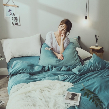 91家纺网 家纺一手货源 找家纺 菊上家纺 2019-秋冬保暖水晶绒牛奶绒纯色风四件套床单床笠