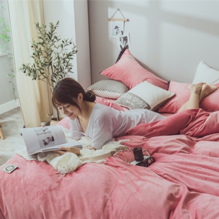 91家纺网 家纺一手货源 找家纺 菊上家纺 2019-秋冬保暖水晶绒牛奶绒纯色风四件套床单床笠