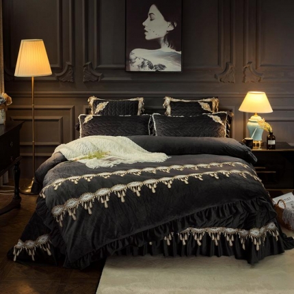 91家纺网 家纺一手货源 找家纺 菊上家纺  2019法式浪漫贵妃绒系列单品床盖四件套 深灰色