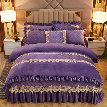 91家纺网 家纺一手货源 找家纺 菊上家纺 2021雅典娜水晶绒加厚夹棉床盖四件套 水晶紫