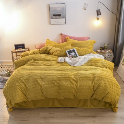 91家纺网 家纺一手货源 找家纺 仟网汇 2019爆款剪花绒水晶绒四件套毛毛球绒系列 姜黄