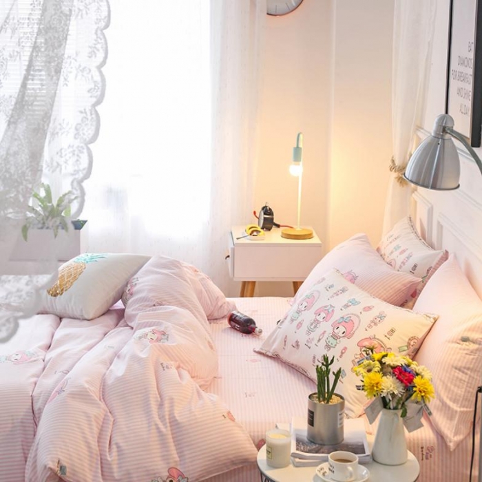 91家纺网 家纺一手货源 找家纺 （总） 全棉粉色粉嫩条纹美乐蒂四件套床单被套纯棉三4件套