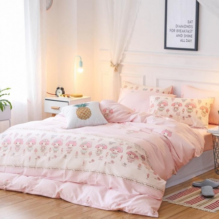 91家纺网 家纺一手货源 找家纺 （总） 全棉粉色粉嫩条纹美乐蒂四件套床单被套纯棉三4件套