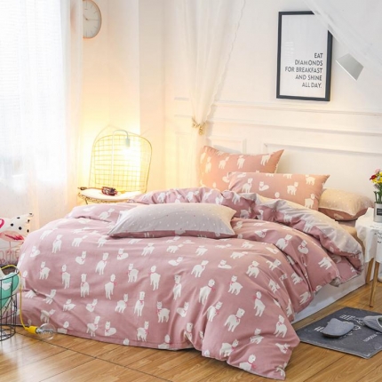 91家纺网 家纺一手货源 找家纺 全棉粉条纹纯棉床单四件套女生粉嫩少女三4件套火烈鸟套件