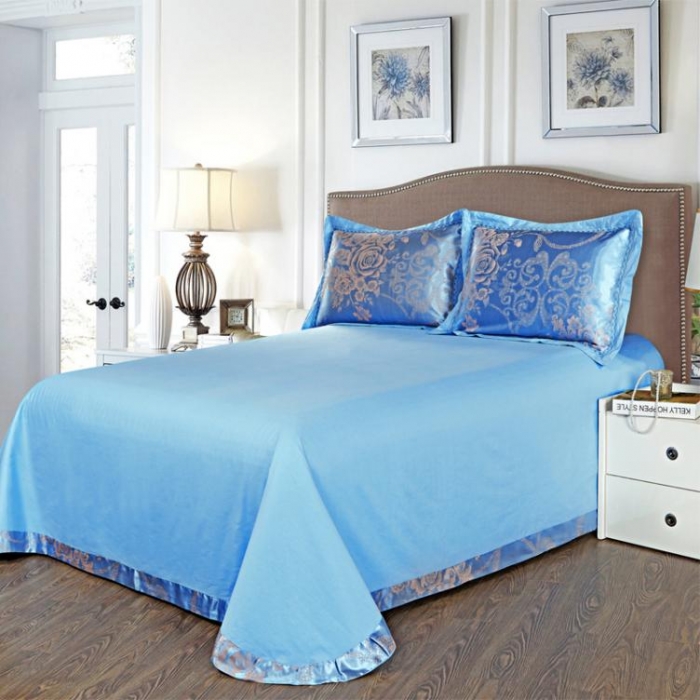 91家纺网 家纺一手货源 找家纺 柔觉家纺 天丝刺绣大提花四件套 奥威丽雅-蓝