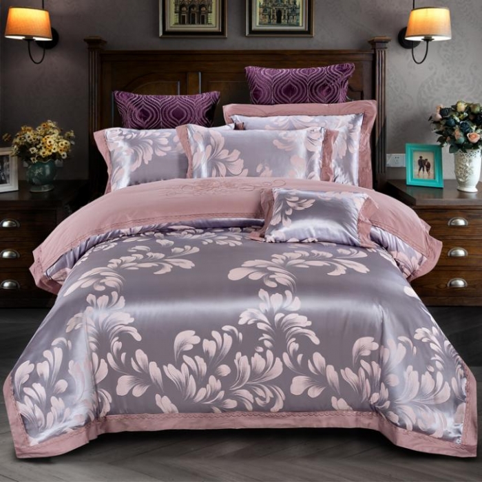 91家纺网 家纺一手货源 找家纺 柔觉家纺 天丝刺绣大提花四件套 叶语浪漫-浅紫