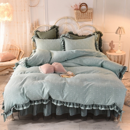 91家纺网 家纺一手货源 找家纺 芭比蔓 2024高克重磨毛床裙四件套星愿 星愿-青花绿