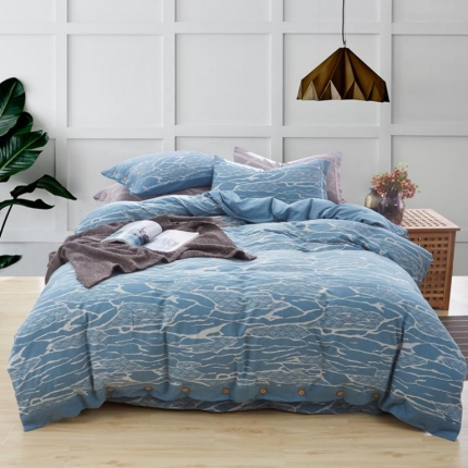 91家纺网 家纺一手货源 找家纺 桂雅居 新60S贡缎长绒棉水洗提花四件套 行云流水--湖蓝