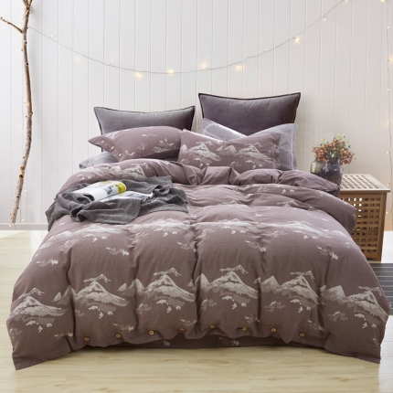 91家纺网 家纺一手货源 找家纺 桂雅居 新60S贡缎长绒棉水洗提花四件套 江山如画--咖