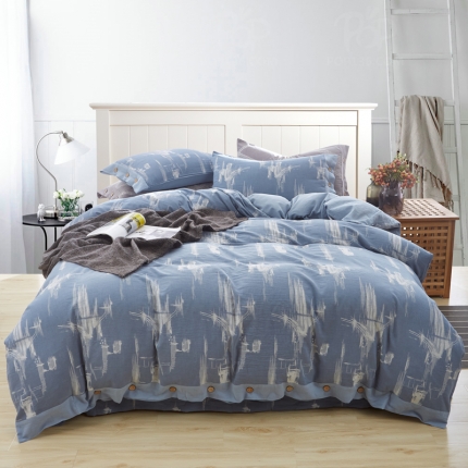 91家纺网 家纺一手货源 找家纺 桂雅居 新60S贡缎长绒棉水洗提花四件套 烟雨江南--蓝