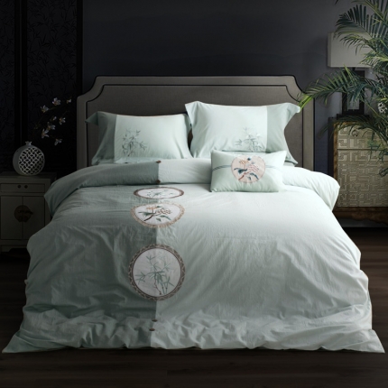 91家纺网 家纺一手货源 找家纺 桂雅居 全棉色织水洗棉新中式绣花四件套 浅夏诗韵