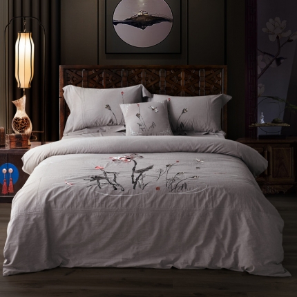 91家纺网 家纺一手货源 找家纺 桂雅居 全棉色织水洗棉新中式绣花四件套 水墨涟漪-驼