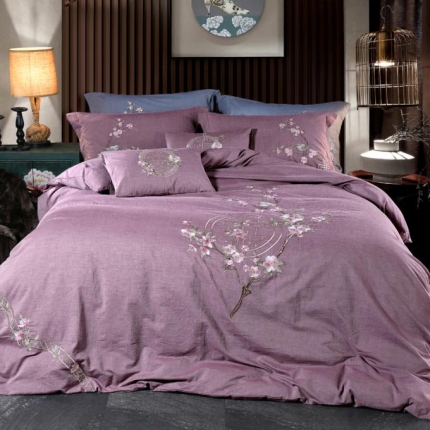 91家纺网 家纺一手货源 找家纺 桂雅居 全棉色织水洗棉新中式绣花四件套 鸟语花香-紫