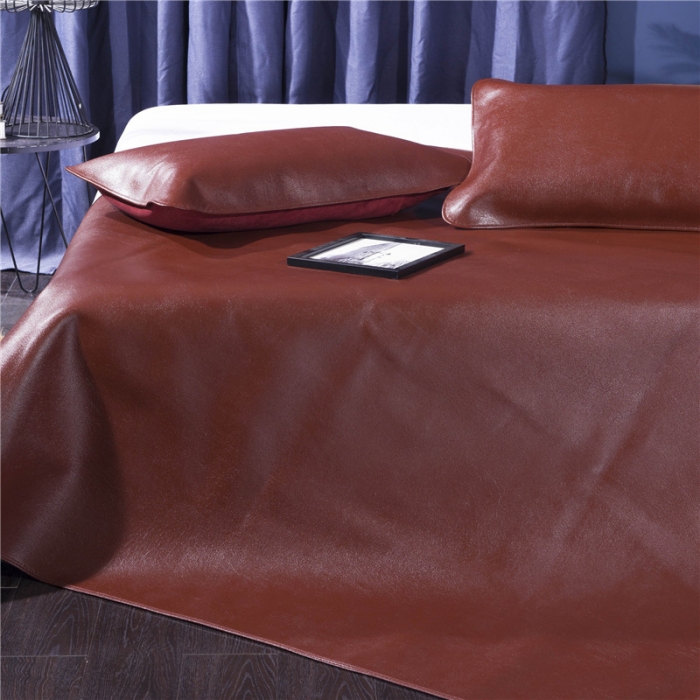 91家纺网 家纺一手货源 找家纺 红宝利 2023新款牛皮席头层牛皮凉席单双人席子三件套 棕色