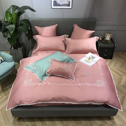 91家纺网 家纺一手货源 找家纺 馨蕊家居 60s双股埃及长绒棉四件套 优莲娜-藕粉