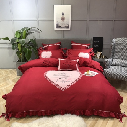 馨蕊家居 2021新款60长绒棉绣花四件套 一见倾心-温莎红