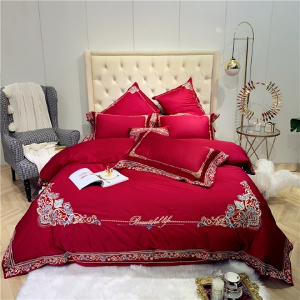 91家纺网 家纺一手货源 找家纺 馨蕊家居 60s双股埃及长绒棉四件套 华尔兹-温莎红