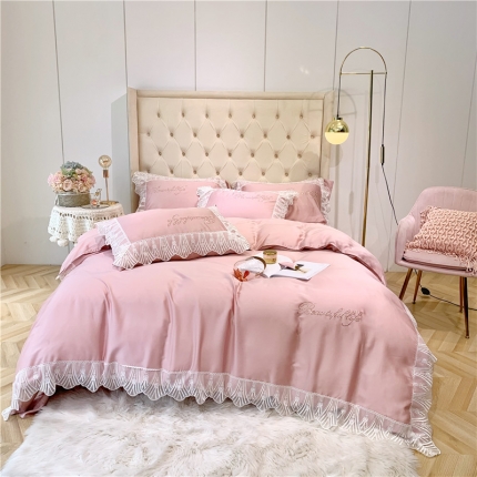 91家纺网 家纺一手货源 找家纺 馨蕊家居 2021新款天丝绣花系列四件套 雪莉-藕粉