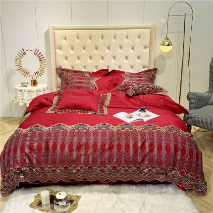91家纺网 家纺一手货源 找家纺 馨蕊家居 2021新款60s双股埃及长绒棉四件套 寐-温莎红