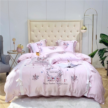 馨蕊家居 2021新款60长绒棉绣花四件套 艾琳-粉
