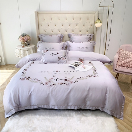 馨蕊家居 2021新款60长绒棉绣花四件套 洛可可-气质灰