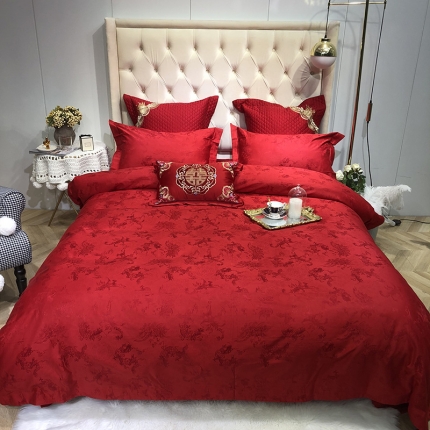 91家纺网 家纺一手货源 找家纺 馨蕊家居 60仿丝绵提花四件套 富贵有余-大红