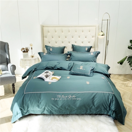 馨蕊家居 2021新款60长绒棉绣花四件套 漫时光-墨绿