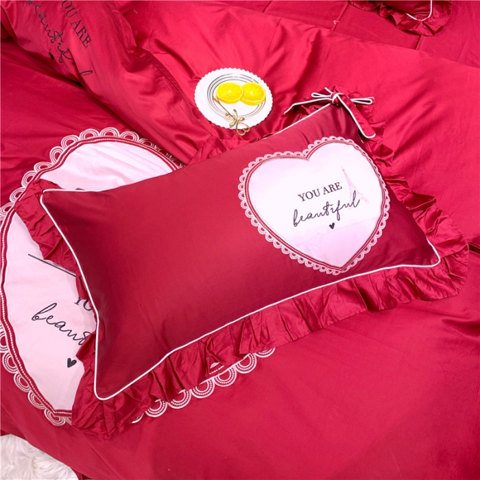 91家纺网 家纺一手货源 找家纺 馨蕊家居 2021新款60长绒棉绣花四件套 一见倾心-温莎红