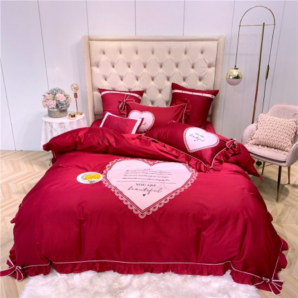 馨蕊家居 2021新款60长绒棉绣花四件套 一见倾心-温莎红