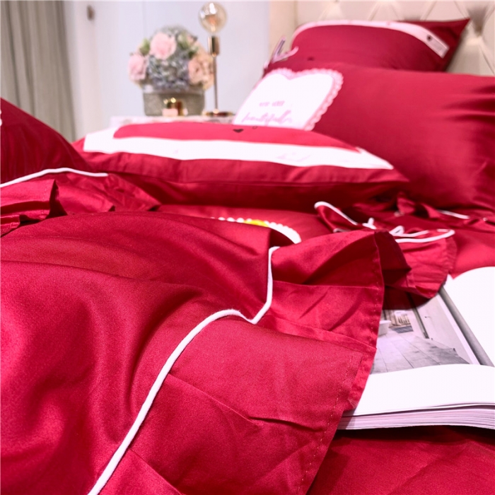 91家纺网 家纺一手货源 找家纺 馨蕊家居 2021新款60长绒棉绣花四件套 一见倾心-温莎红