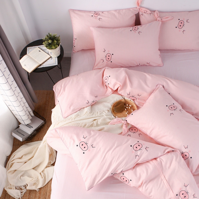 91家纺网 家纺一手货源 找家纺 一米阳光 2019纯棉小清新兔耳朵镶边套件 猪可爱