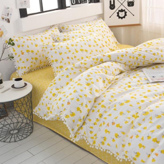 91家纺网 家纺一手货源 找家纺 一米阳光 2019新款球球款套件 小黄花