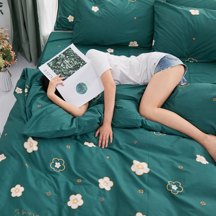 91家纺网 家纺一手货源 找家纺 一米阳光 2019新款泫雅风全棉13070四件套 恋曲-墨绿