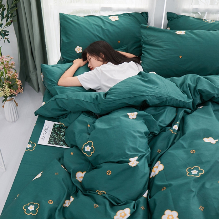 91家纺网 家纺一手货源 找家纺 一米阳光 2019新款泫雅风全棉13070四件套 恋曲-墨绿