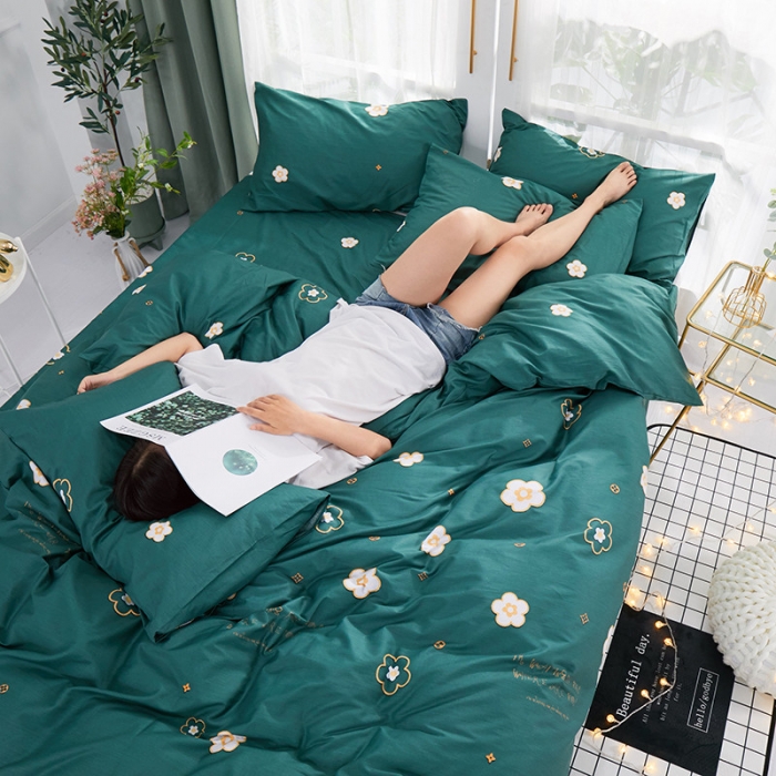 91家纺网 家纺一手货源 找家纺 一米阳光 2019新款泫雅风全棉13070四件套 恋曲-墨绿