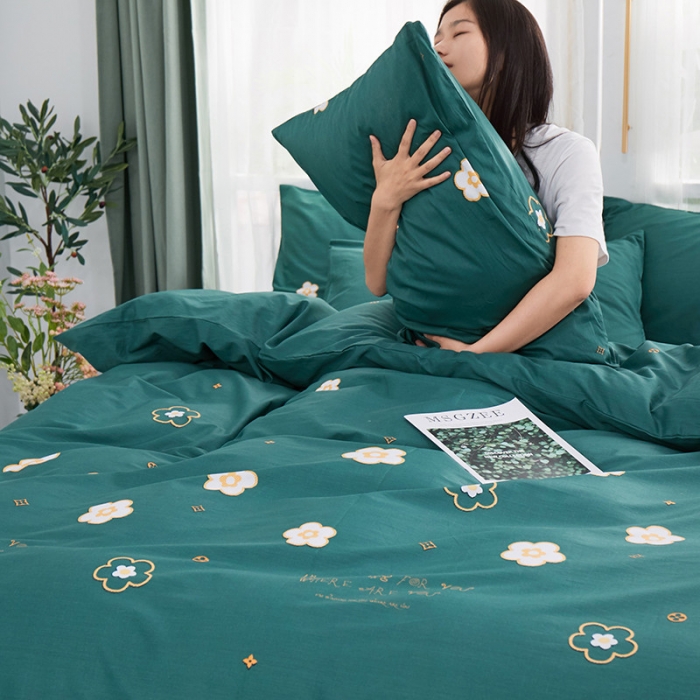 91家纺网 家纺一手货源 找家纺 一米阳光 2019新款泫雅风全棉13070四件套 恋曲-墨绿