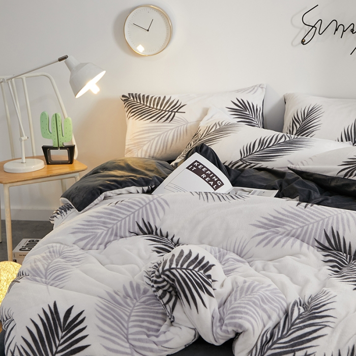 91家纺网 家纺一手货源 找家纺 一米阳光 2019新款法莱绒四件套 羽叶