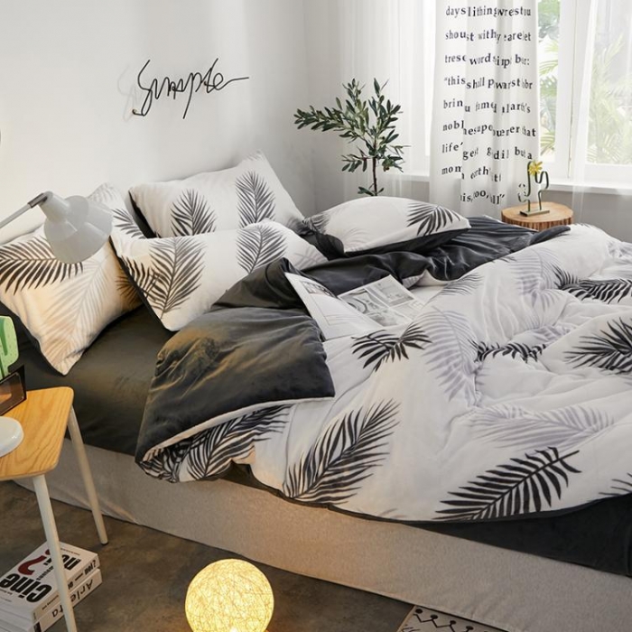 91家纺网 家纺一手货源 找家纺 一米阳光 2019新款法莱绒四件套 羽叶