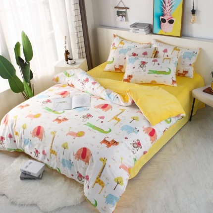 91家纺网 家纺一手货源 找家纺 一米阳光 2019新款A棉B纯色绒四件套 动物城