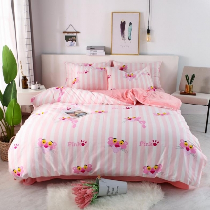 91家纺网 家纺一手货源 找家纺 一米阳光 2019新款A棉B纯色绒四件套 粉红豹