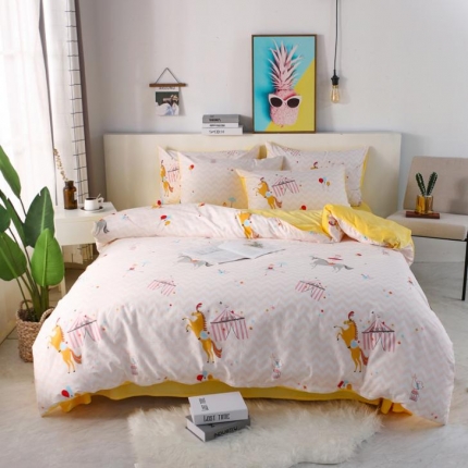 91家纺网 家纺一手货源 找家纺 一米阳光 2019新款A棉B纯色绒四件套 旋转木马