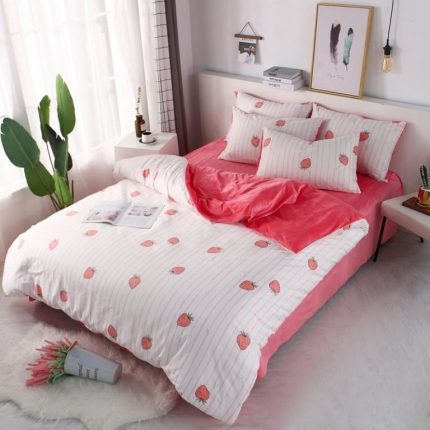一米阳光 2019新款A棉B纯色绒四件套 草莓