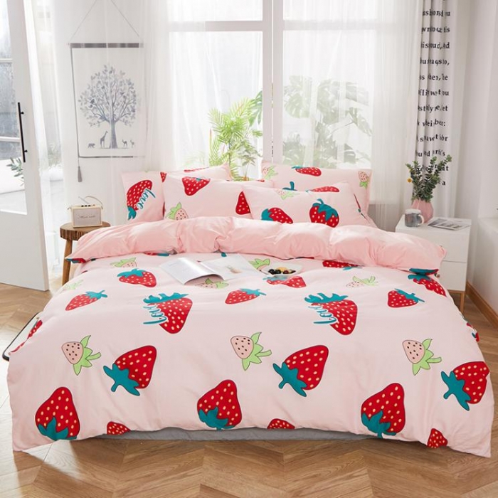 91家纺网 家纺一手货源 找家纺 一米阳光 2019新款A棉B纯色绒四件套 大草莓