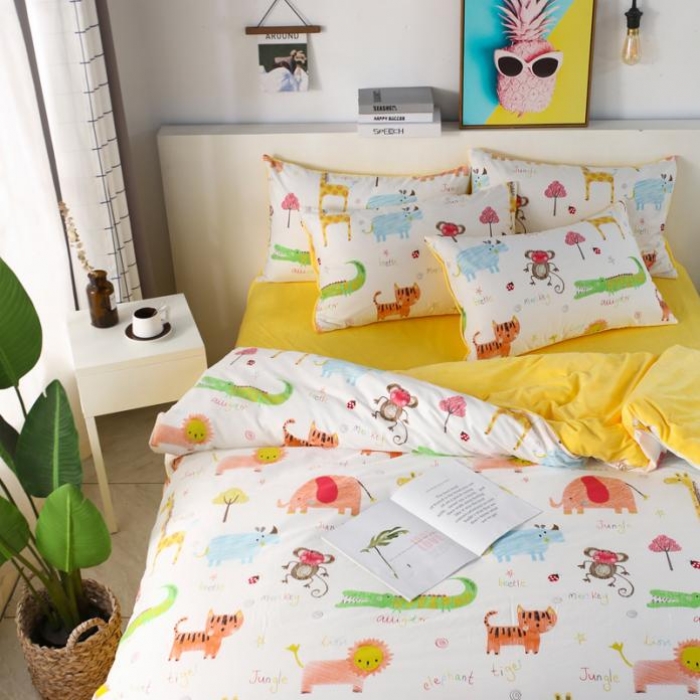 91家纺网 家纺一手货源 找家纺 一米阳光 2019新款A棉B纯色绒四件套 动物城