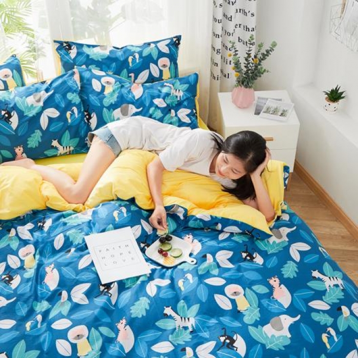 91家纺网 家纺一手货源 找家纺 一米阳光 2019新款A棉B纯色绒四件套 动物派对