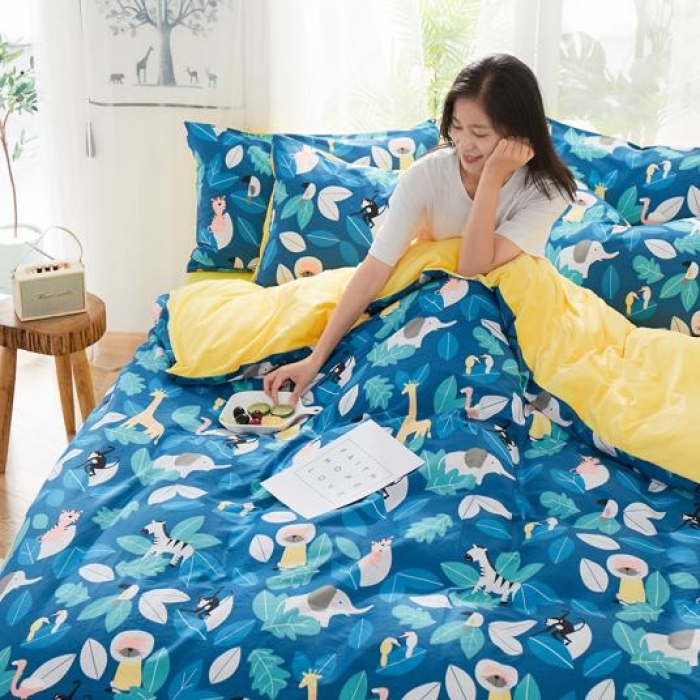 91家纺网 家纺一手货源 找家纺 一米阳光 2019新款A棉B纯色绒四件套 动物派对