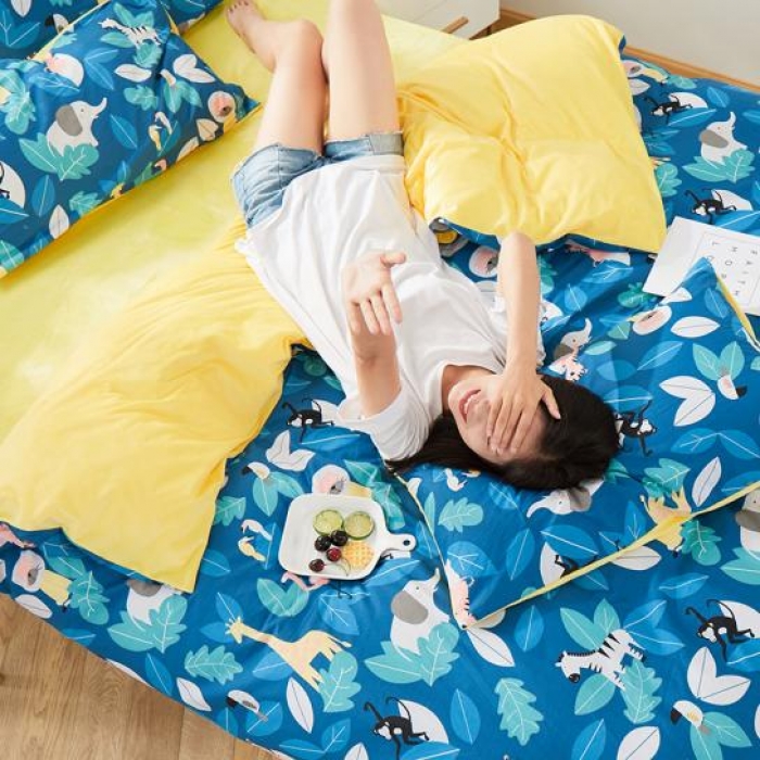 91家纺网 家纺一手货源 找家纺 一米阳光 2019新款A棉B纯色绒四件套 动物派对