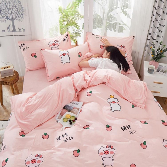 91家纺网 家纺一手货源 找家纺 一米阳光 2019新款A棉B纯色绒四件套 粉粉猪