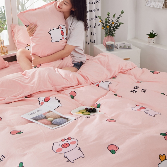 91家纺网 家纺一手货源 找家纺 一米阳光 2019新款A棉B纯色绒四件套 粉粉猪